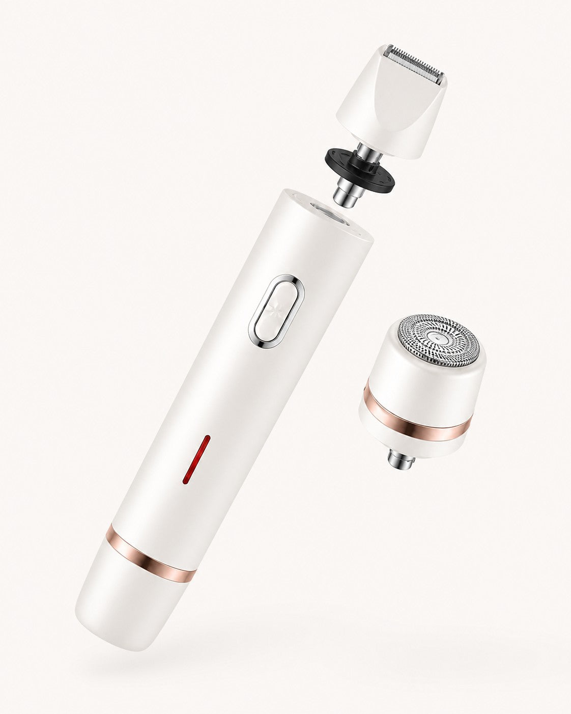 The two interchangeable heads: trimmer head and floating dual-ring smoothing head