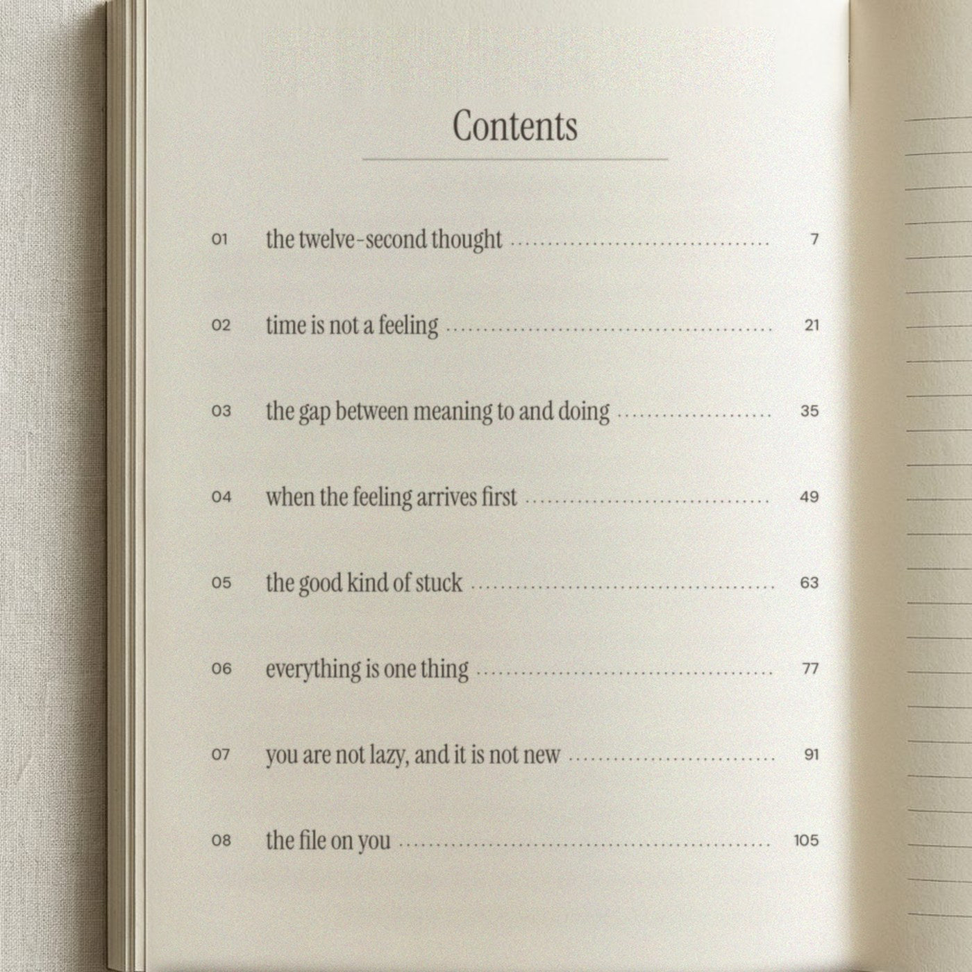 The contents page, listing all eight chapters